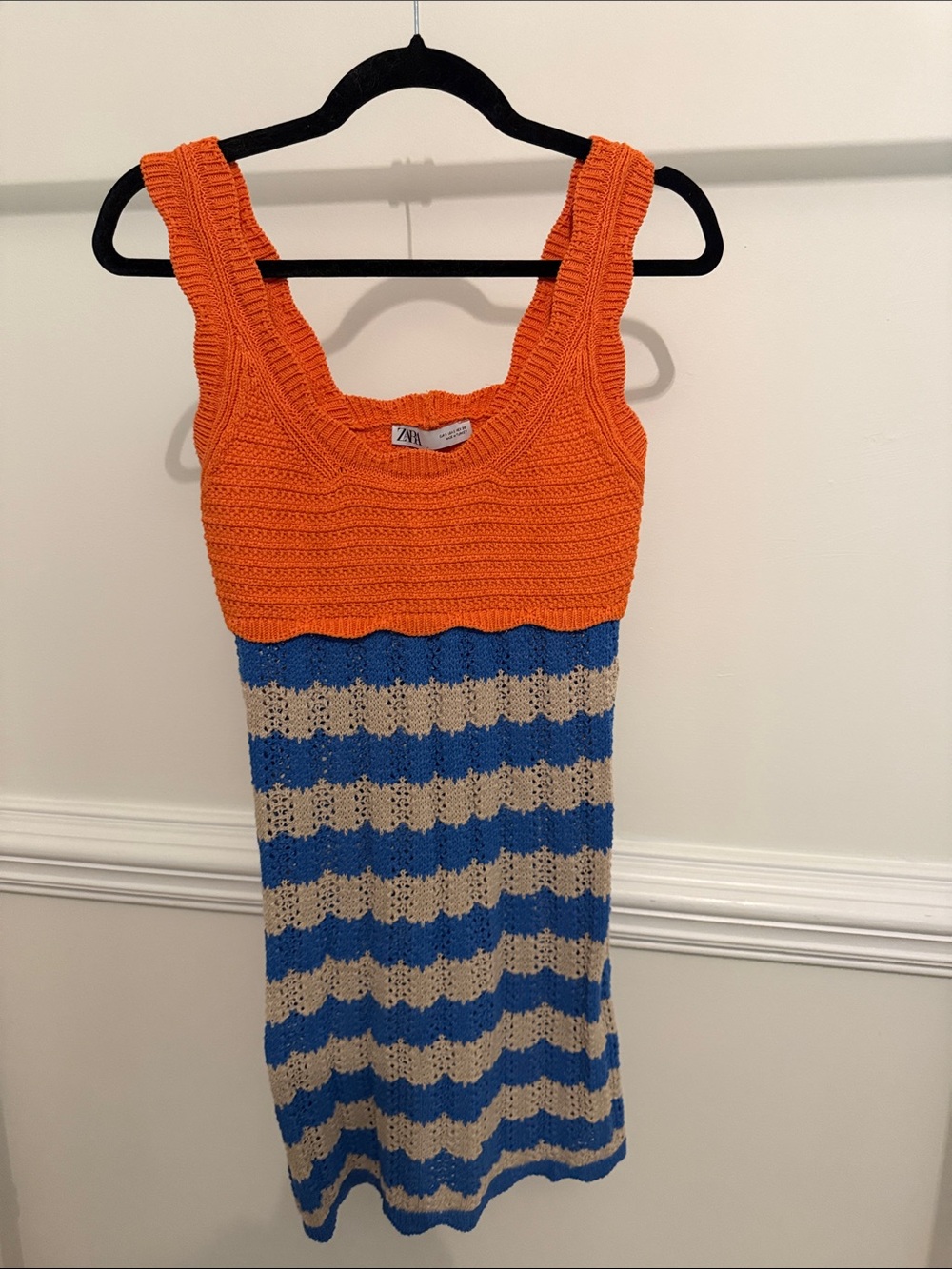 Zara Orange, Blue and Tan Crochet Tank Dress